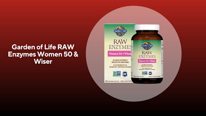 A box next to a bottle both with green and tan labels with pink writing of garden of life raw enzymes women 50 & wiser against a red background